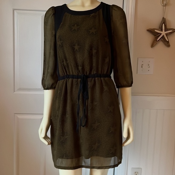 MISMASH Olive Green & Black Star Print Bohemian Drawstring Waist Dress M - Picture 1 of 12